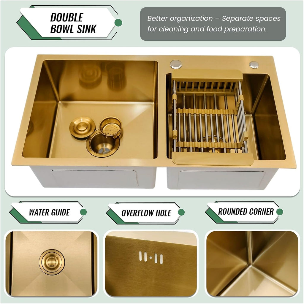 Stainless Steel Double Bowl Kitchen Sink, Drop-In Workstation Sink, With Retractable Drain Basket, Drain Sets Included, Large Undermount Farmhouse Sink, Top-Mount Kitchen Bar Sink(B,75x40x22cm)