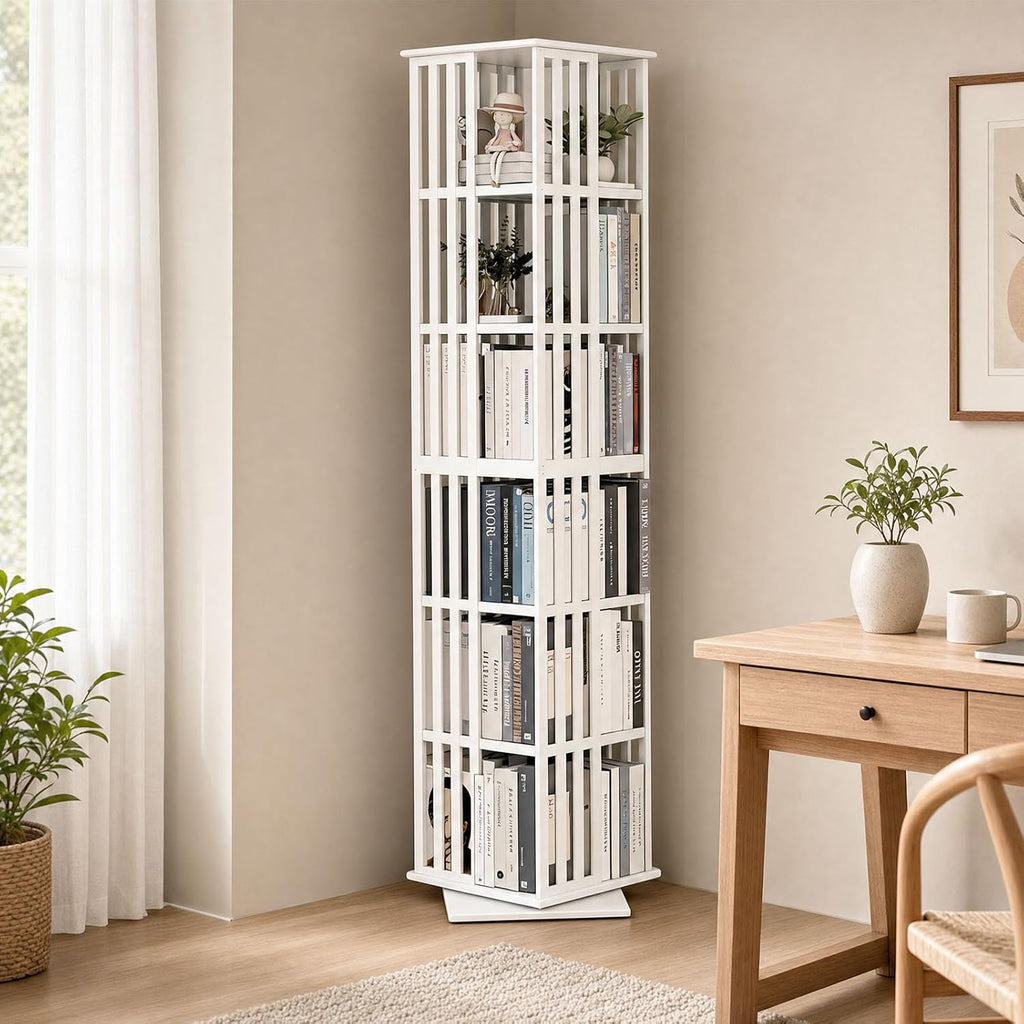 Lauxery Rotating Bookshelf Tower– 6 Tier 360° Bamboo Spinning Book Shelves| Space-Saving Tall Square Revolving Bookcase for Small Space, Living Room, Bedroom & Office | White Corner Bookshelf