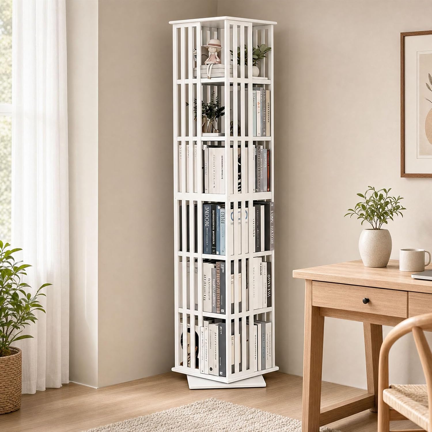 Lauxery Rotating Bookshelf Tower– 6 Tier 360° Bamboo Spinning Book Shelves| Space-Saving Tall Square Revolving Bookcase for Small Space, Living Room, Bedroom & Office | White Corner Bookshelf