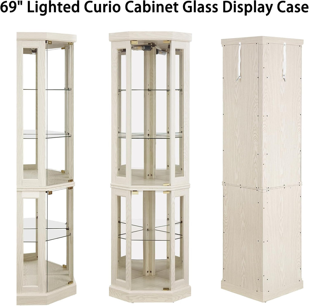 69' H Lighted Corner Curio Cabinet, 5-Tier Curio Glass Display Cabinet w/Door & Adjustable Glass Shelves, Wooden Display Showcase Corner Storage Cabinet for Living Room(Antique White)