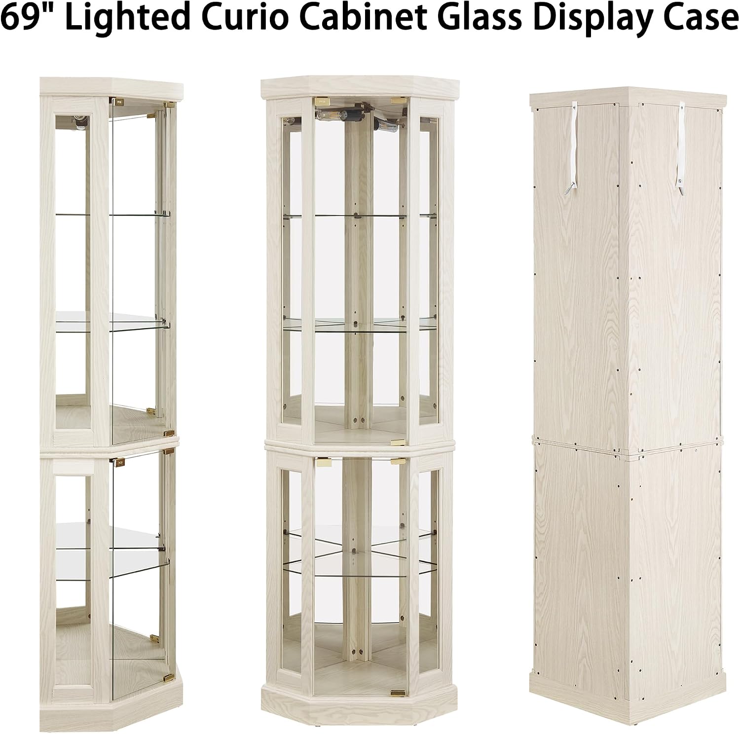 69' H Lighted Corner Curio Cabinet, 5-Tier Curio Glass Display Cabinet w/Door & Adjustable Glass Shelves, Wooden Display Showcase Corner Storage Cabinet for Living Room(Antique White)