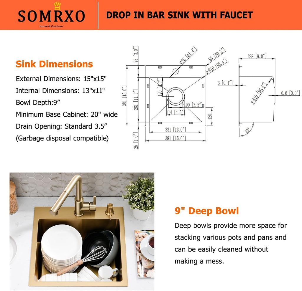 15 Inch Drop In Bar Sink with Faucet Combo | Gold Stainless Steel, Topmount Single Bowl, Durable Modern Design | Small Sink for RV, Bar Prep & Small Kitchens