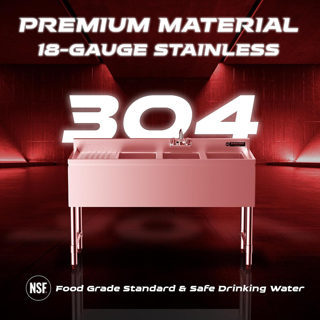 DuraSteel 3 Compartment Under Bar Sink - CEC & NSF 304 Stainless Steel 3 Bay Utility Sink with No Lead Faucet - 48' L x 19' W x 33' H - Left Drainboard Commercial Restaurant Grade