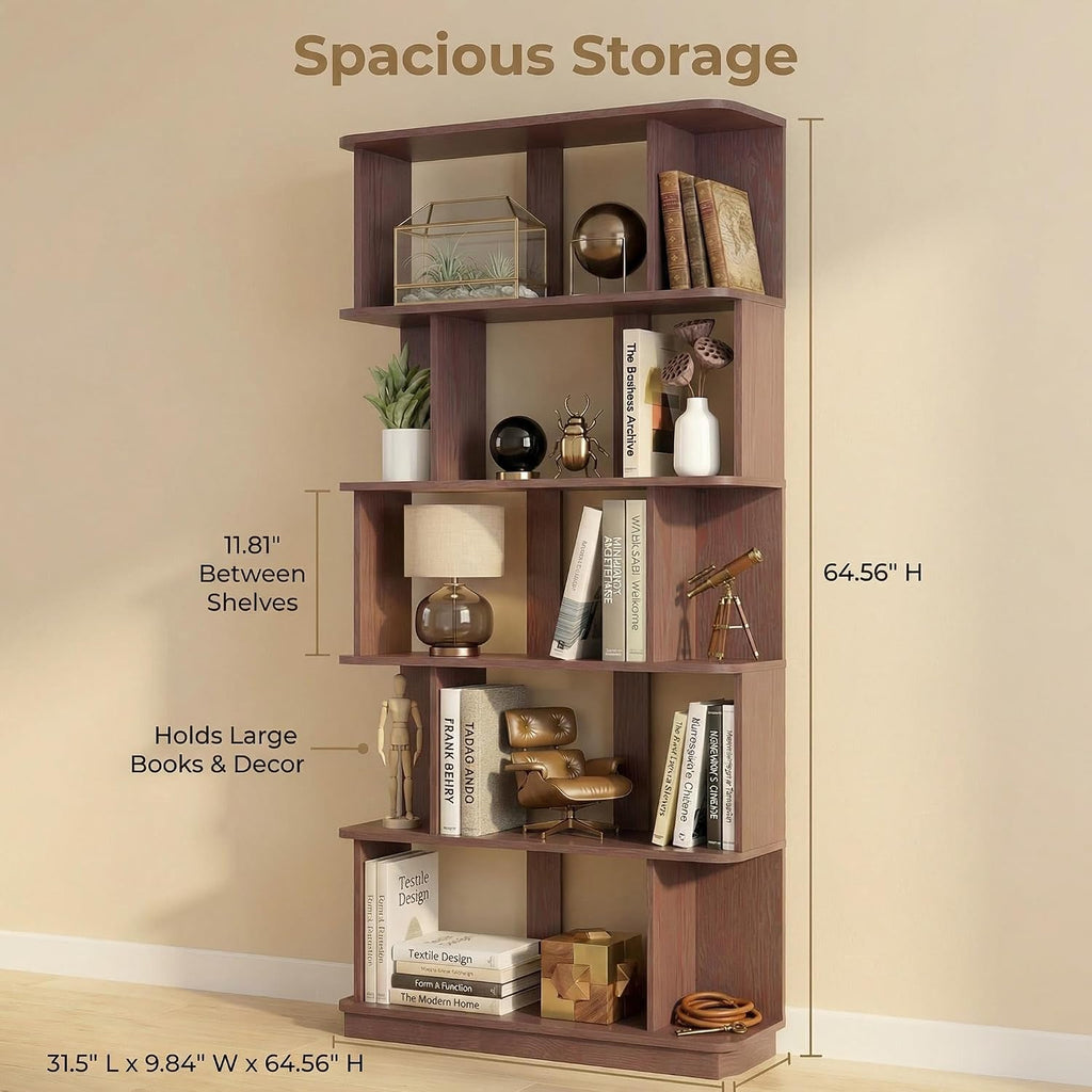 5-Tier Tall Bookshelf, Narrow Wood Bookcase, Ox Blood Red | 64.56' freestanding open display shelf for books, décor, and storage in living rooms, bedrooms, or home offices