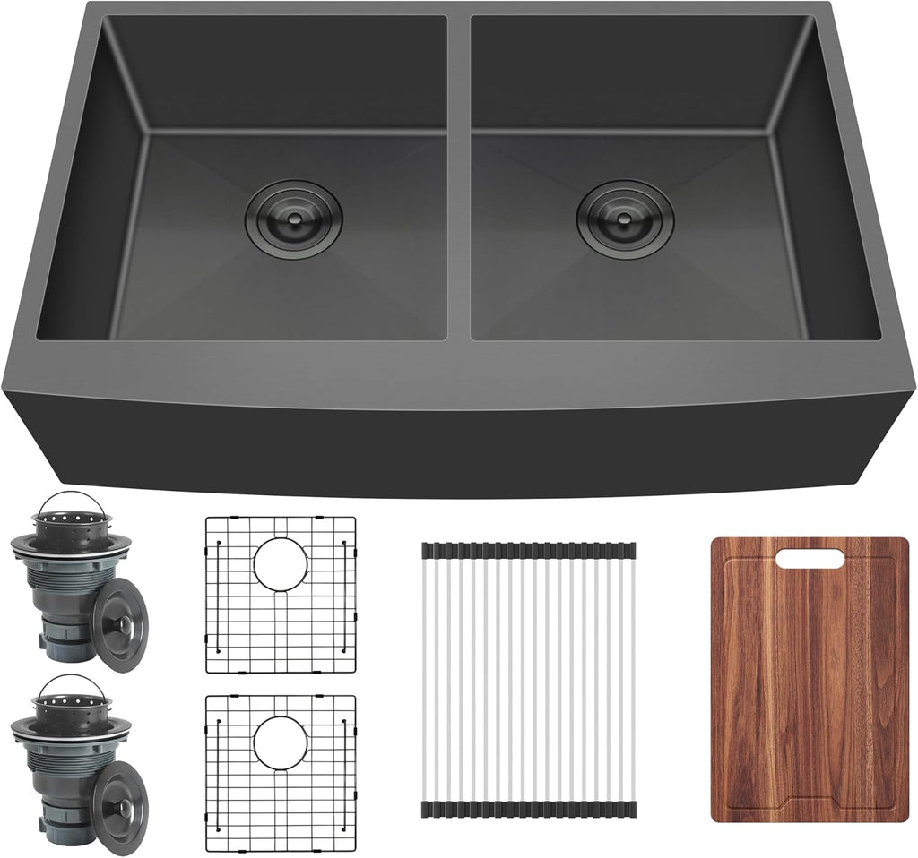 36 Inch Black Double Bowl Farmhouse Kitchen Sink, Undermount 50/50 Apron Front 16 Gauge 304 Stainless Steel Matte Black Sinks, Accessories Included, 36' x 21' x 10'