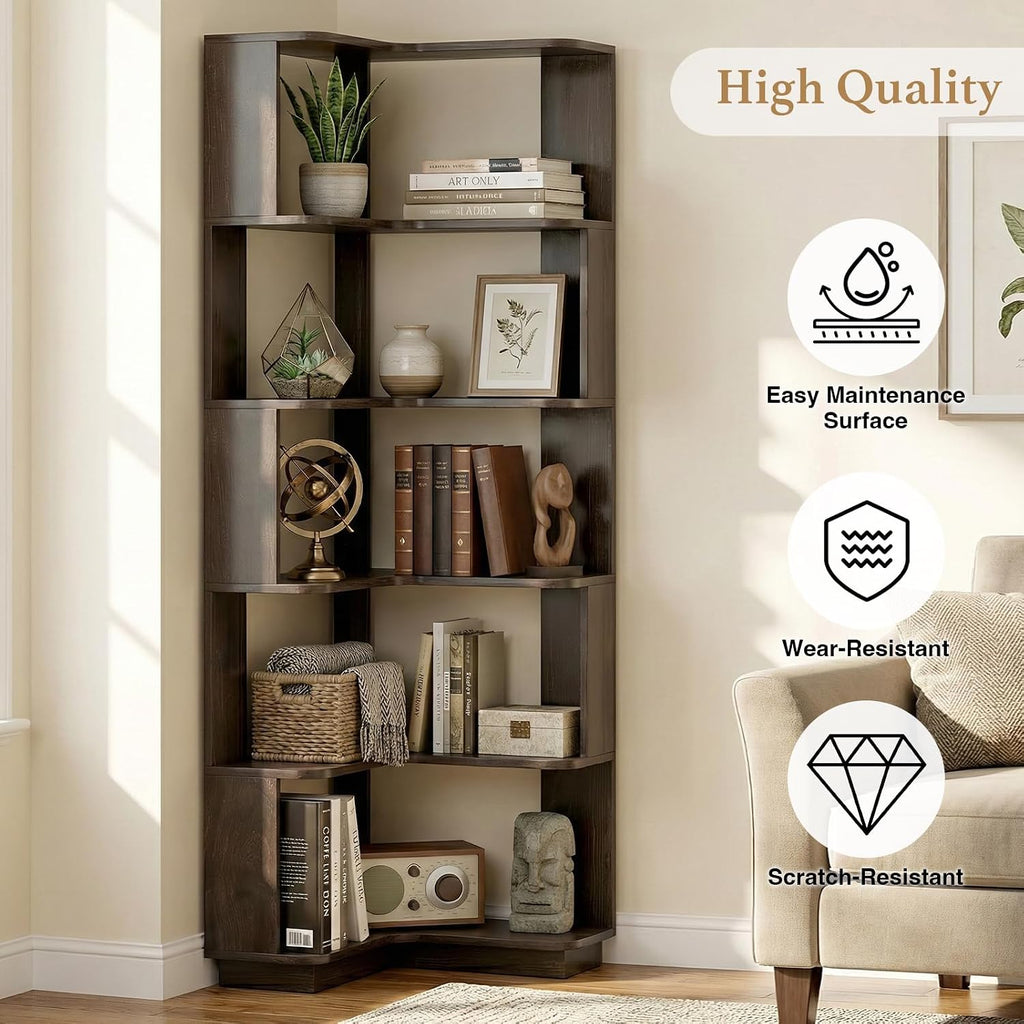 5 Tier Corner Bookshelf, Freestanding L-Shaped Wooden Bookcase with Open Shelves, Anti-Fall Panels and Anti-Tipping Device for Living Room, Bedroom, Home Office (Dark Brown)