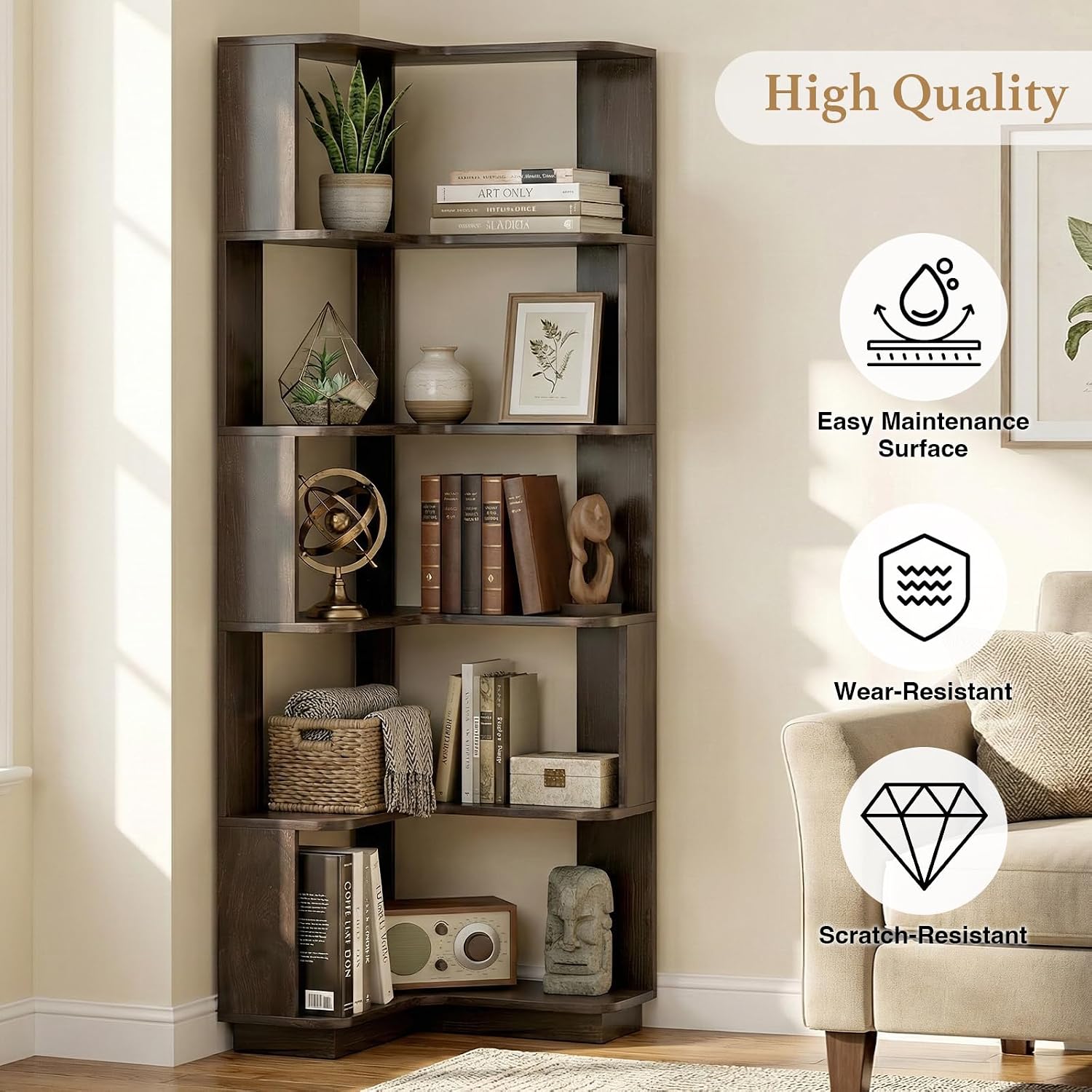 5 Tier Corner Bookshelf, Freestanding L-Shaped Wooden Bookcase with Open Shelves, Anti-Fall Panels and Anti-Tipping Device for Living Room, Bedroom, Home Office (Dark Brown)