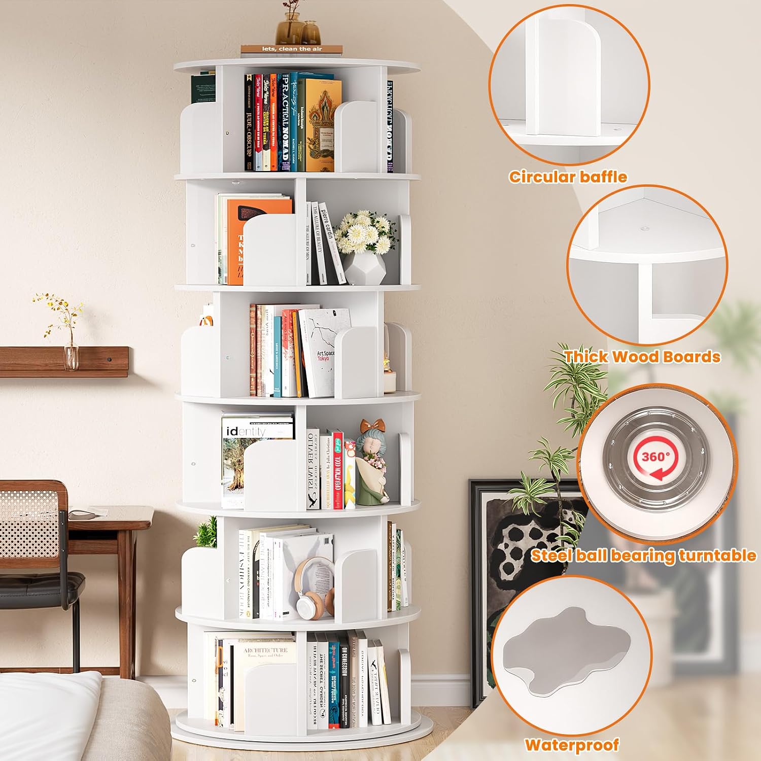 Besiost Rotating Bookshelf Tower, 6 Tier Spinning Bookcase, Revolving 360 Book Shelf Narrow Tall Bookcase, Vertical Turning Round Bookshelf Organizer, Wood Corner Bookshelf for Small Space, White