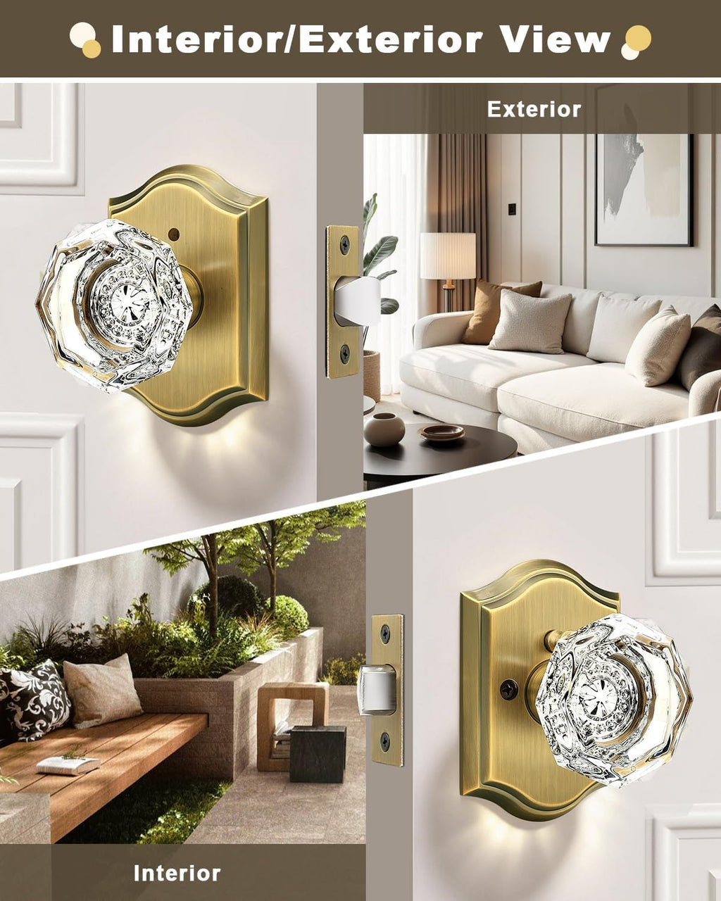 Gobrico 10 Project Pack Octagonal Crystal Door Knobs with Lock,Interior Privacy Door Locksets for Bedroom/Bathroom,Keyless Outside,Push Pin Inside,Antique Brass,Heavy Duty