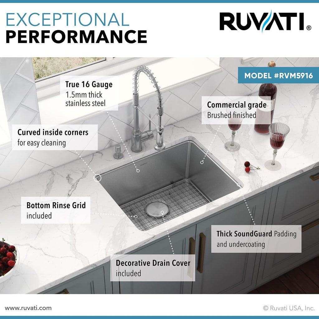 Ruvati 18-inch Undermount Bar Prep Kitchen Sink - 16 Gauge Stainless Steel Kitchen Sinks Single Bowl with Brushed Finish hides scratches, Easy-to-Clean Undermount Sink - RVM5916