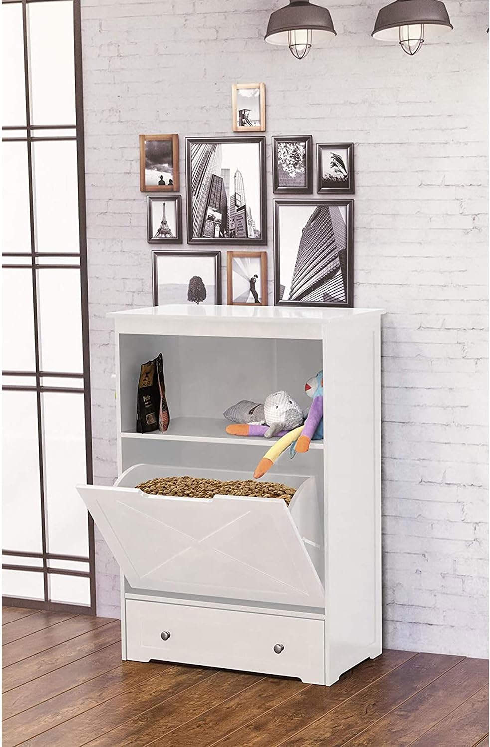 zoovilla Windsor Pet Feeders with storage - dog bowl stand, pet feeder station, White 13.78?D x 24.02?W x 35.04?H
