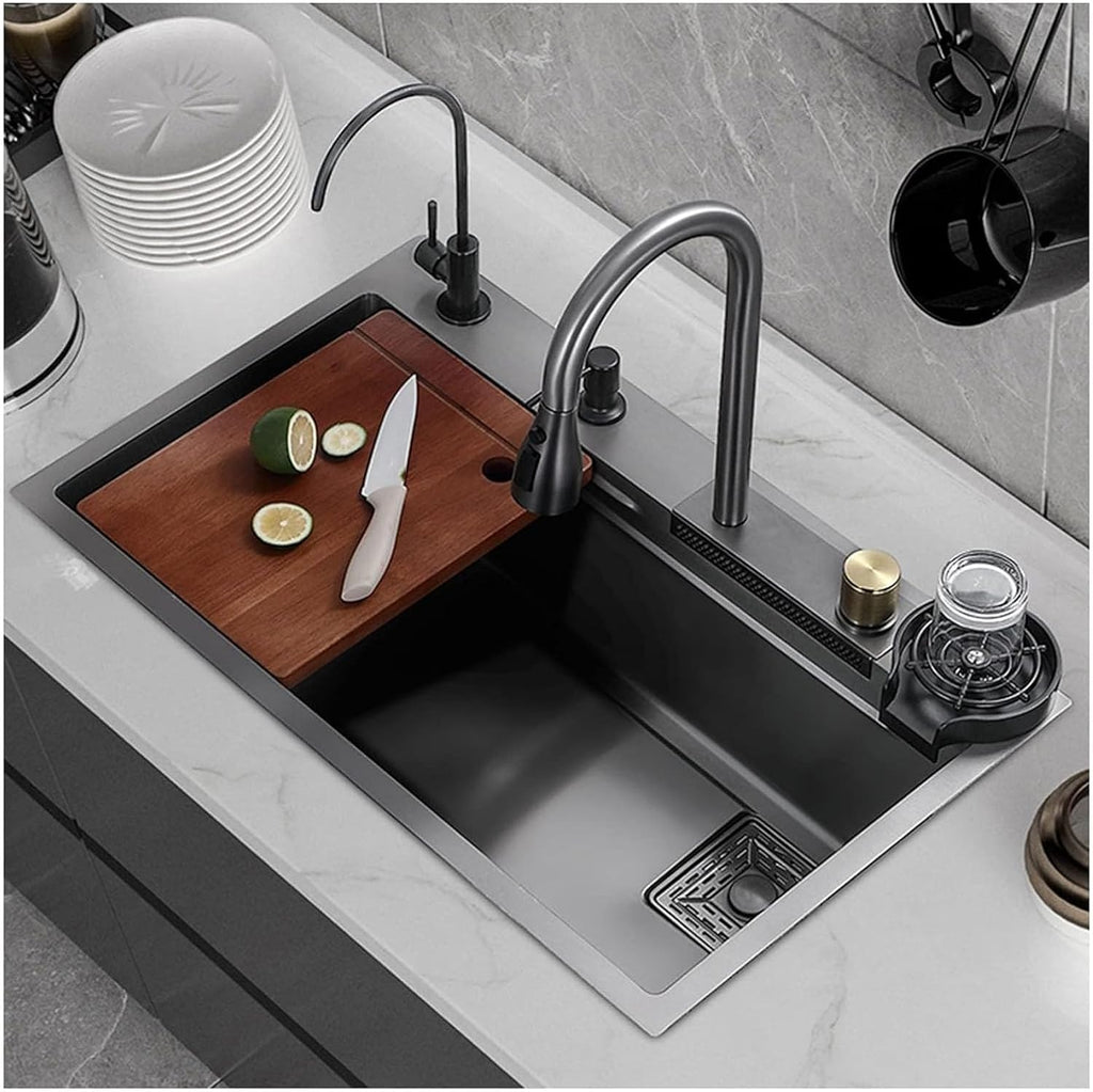 304 Stainless Steel Bar Sink Nano Single Bowl Kitchen Sink Multi-Function RV Sink with Faucet and Cup Washer Drop in Or Under Mount (Color : Grey, Size : 68x45x21cm) (Gun Grey 68x45x21cm)