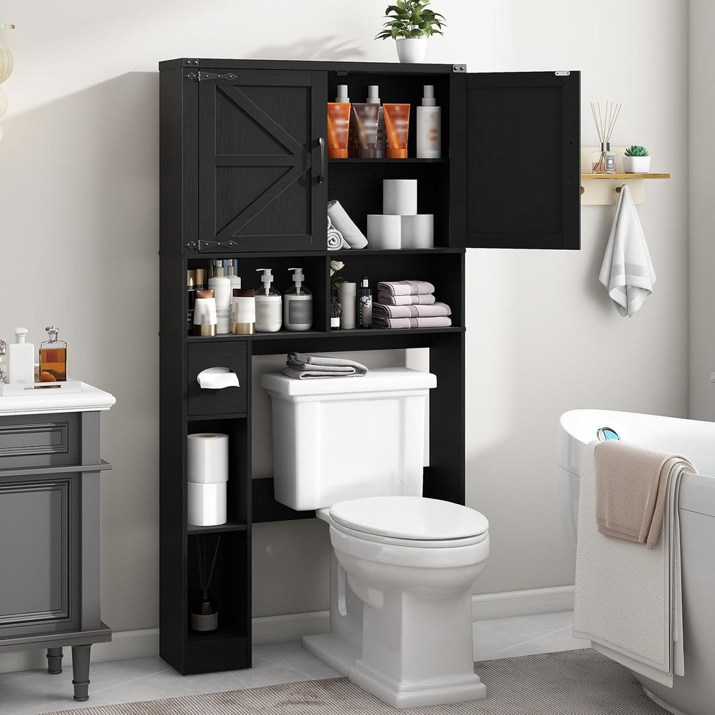 Vabches Over The Toilet Storage Cabinet, Farmhouse Storage Cabinet Over Toilet with 2 Barn Doors && Toilet Paper Holder Stand，Home Space-Saving Toilet Rack, for Laundry, Restroom, Bathroom.Pure Black