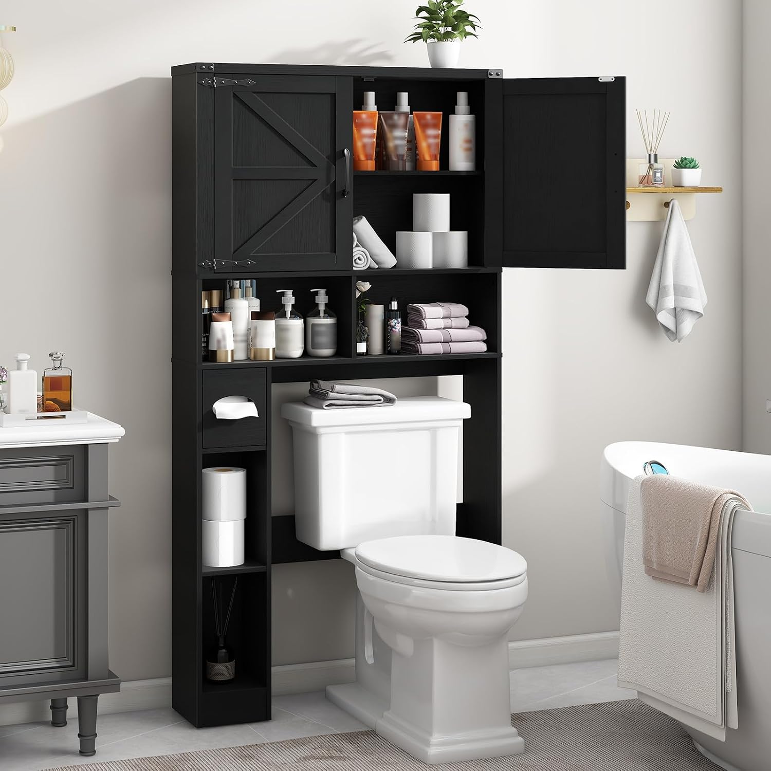 Vabches Over The Toilet Storage Cabinet, Farmhouse Storage Cabinet Over Toilet with 2 Barn Doors && Toilet Paper Holder Stand，Home Space-Saving Toilet Rack, for Laundry, Restroom, Bathroom.Pure Black