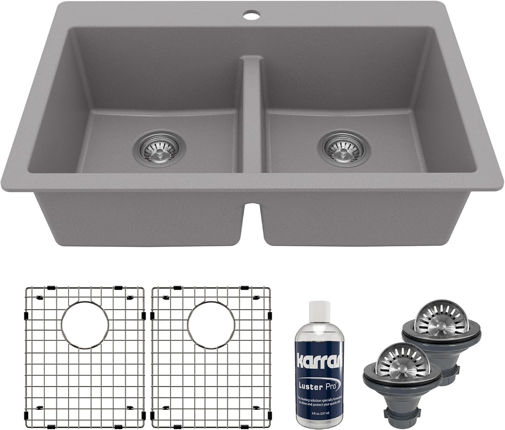 Karran QT-810 33' Top Mount Double Equal Bowl Quartz Kitchen Sink Kit in Grey