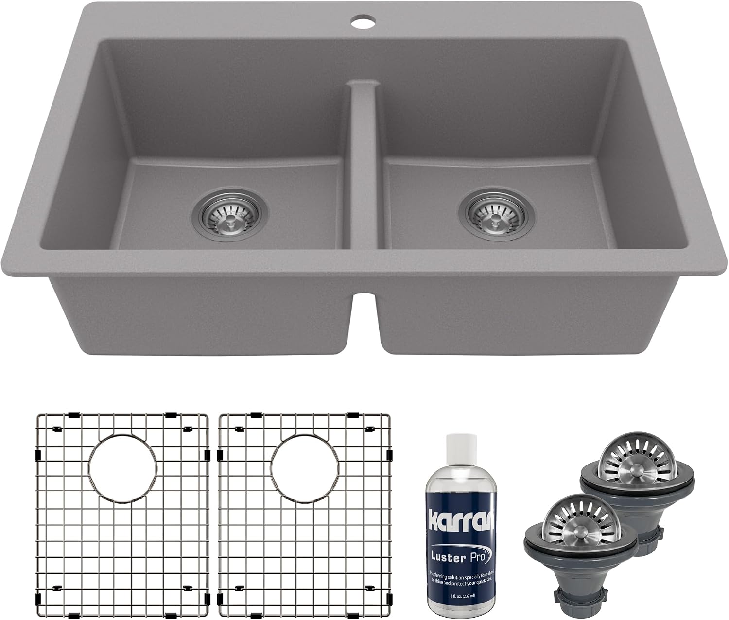 Karran QT-810 33' Top Mount Double Equal Bowl Quartz Kitchen Sink Kit in Grey