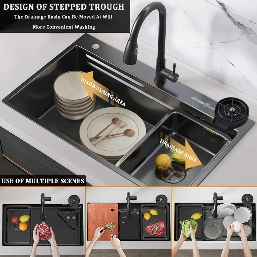 Generic Black Single-Bowl Kitchen Sink 304 Stainless Steel Bar Sink Multi-Function Household Sink Rv Sink with Faucet, Chopping Board and Drain Basket Top Mount Or Under Mount (Color : Black, S
