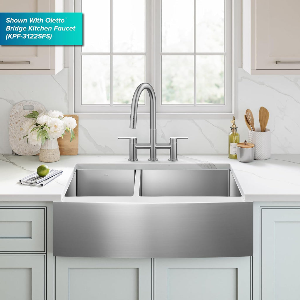 Kraus KHF204-33 Standart PRO Kitchen Stainless Steel Sink, 16 Gauge, 33' Undermount Round Apron 40/60 Double Bowl Kitchen Sink