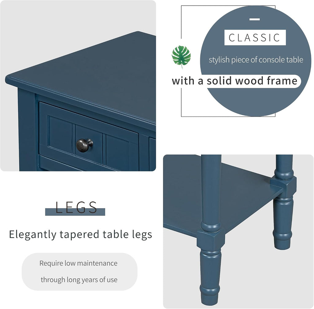 Knocbel Slim Antique Entry Console Table with 3 Drawers & Bottom Open Shelf, Solid Wood Narrow Sofa Couch Table for Entryway Hallway Living Room 23.7' W x 13' D x 31.4' H Navy Blue