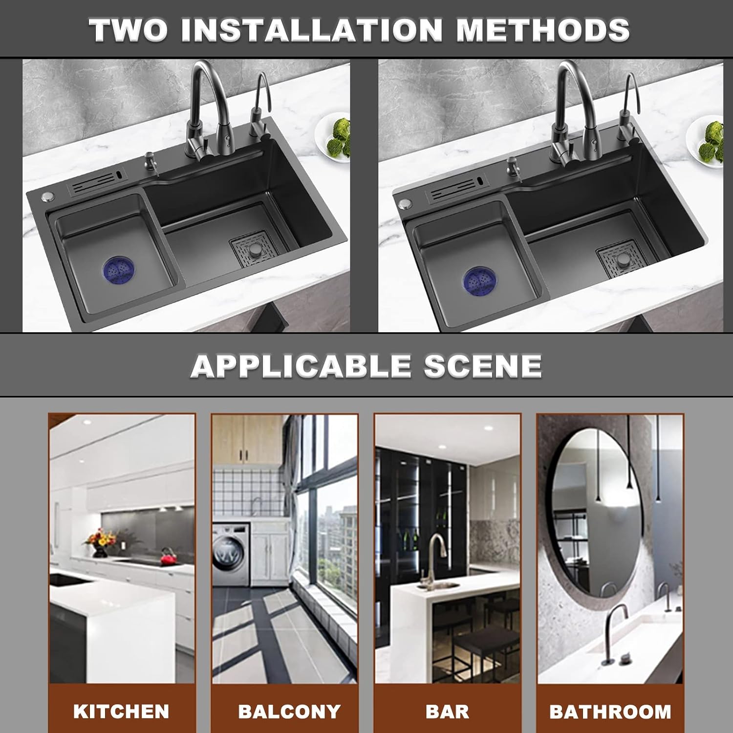 304 Stainless Steel Single Bowl Kitchen Sink Square Nano Bar Sink Rv Sink with Pull-Out Faucet and Drainage Components Top Mount Or Undermount (Color : Black-C, Size : 75x46x20cm) (Blackc 75x46x2