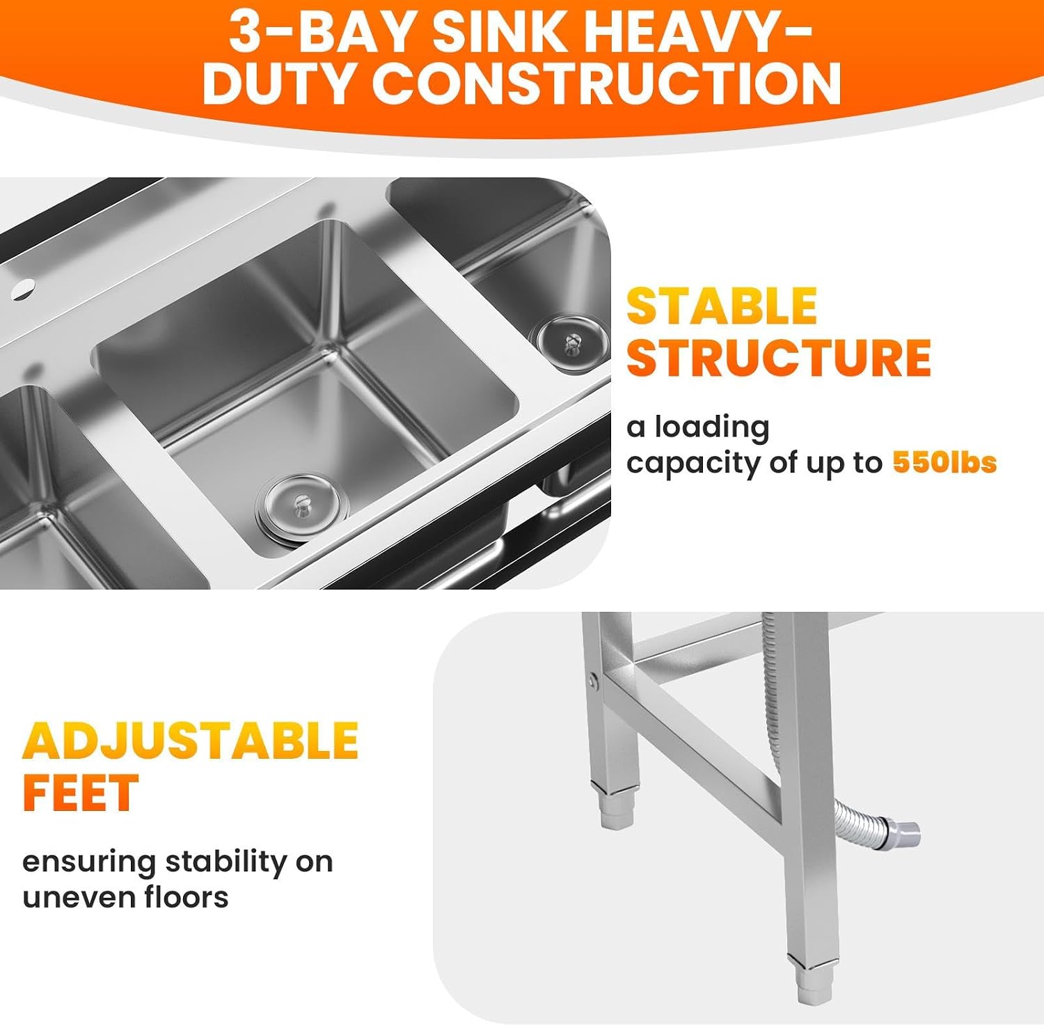 Stainless Steel Sinks, Freestanding Utility Sink with Triple Bowl and Laundry Sink Features for Multi-Purpose Use, 47.3'W x 18.5'D x 33.6'H
