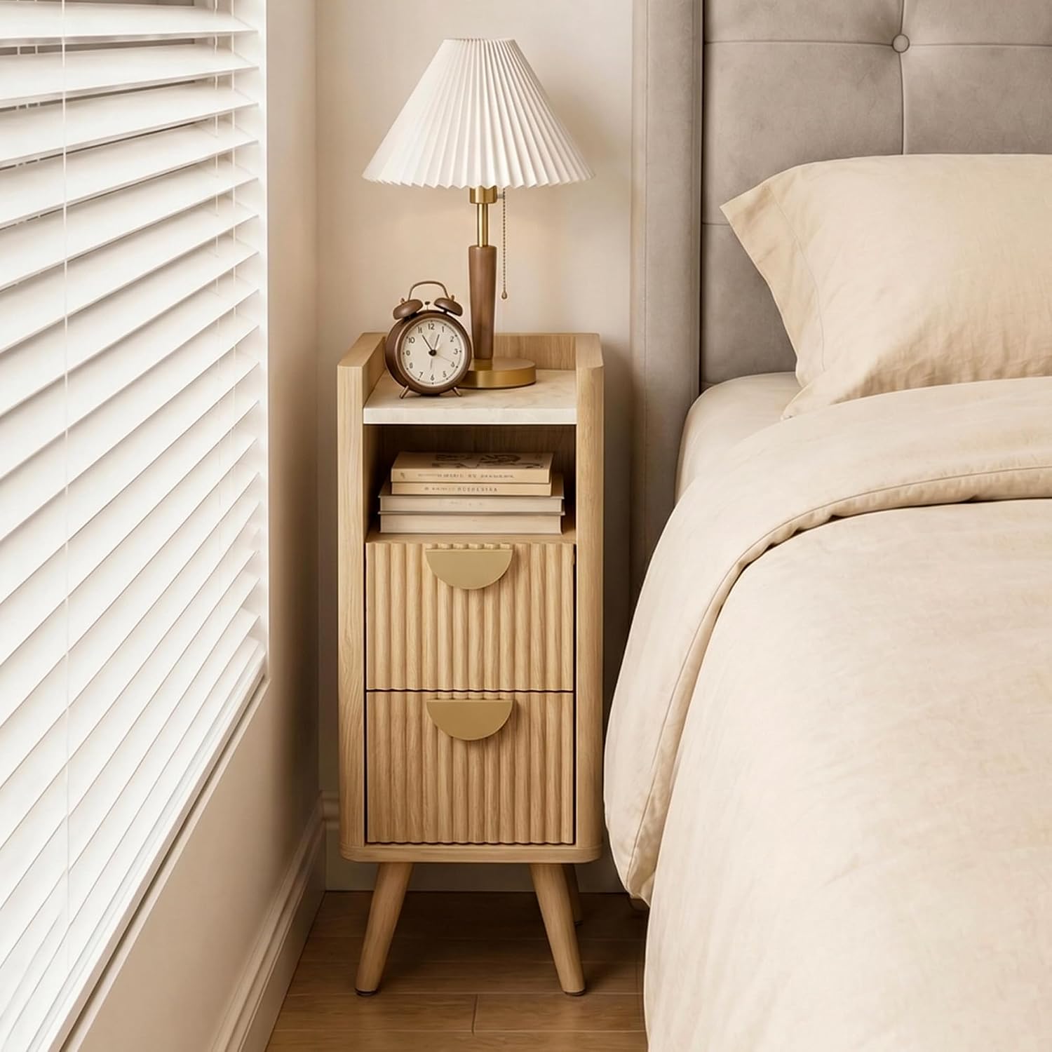 26.4' Tall Narrow Nightstand Set of 2, 9.8' Wide Fluted End Table with 2 Drawer & Open Shelf, Wood Night Stand w/Rounded Corner, Slim Side Table for Bedroom/Entryway/Living Room, Natural