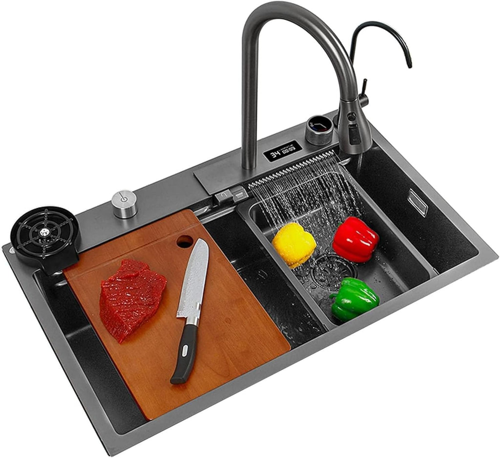 304 Stainless Steel Digital Display Kitchen Sink Single Bowl Bar Prep Sink RV Sink with Faucet & Drain Assembly Drop in Or Under Mount (Color : Grey, Size : 75x46x22cm) (Gun Grey 68x46x22cm)