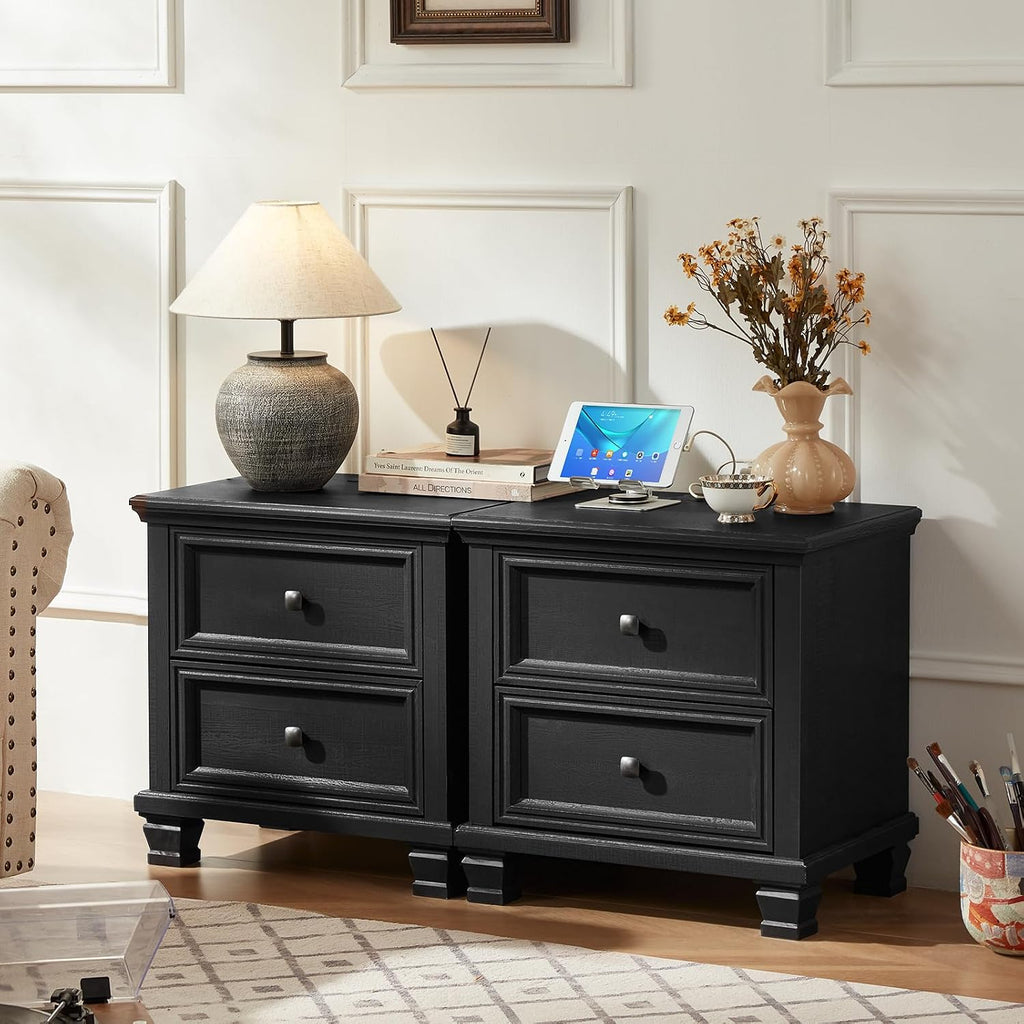 SAVOR LIFE Farmhouse Nightstand with Charging Station, Rustic Low Night Stand with 2 Drawers, Mid-Century Modern End Table with 4 Square Solid Wood Legs, Small Dresser for Bedroom, Home, Black