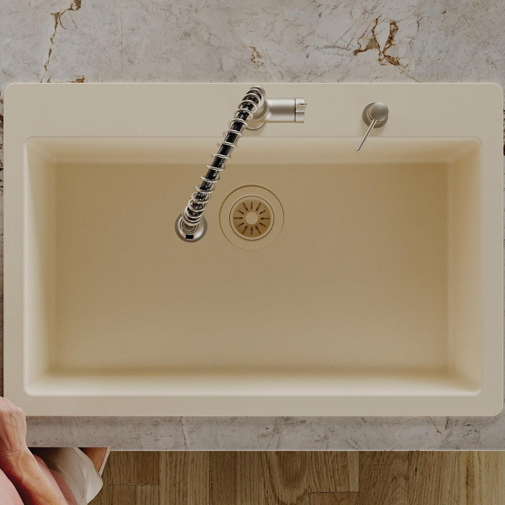 Karran 33' Drop-In Top Mount Quartz Composite Single Bowl Kitchen Sink in Bisque – Extra Deep 9' Basin, Heat Resistant, Sound Dampening, Easy Clean Surface