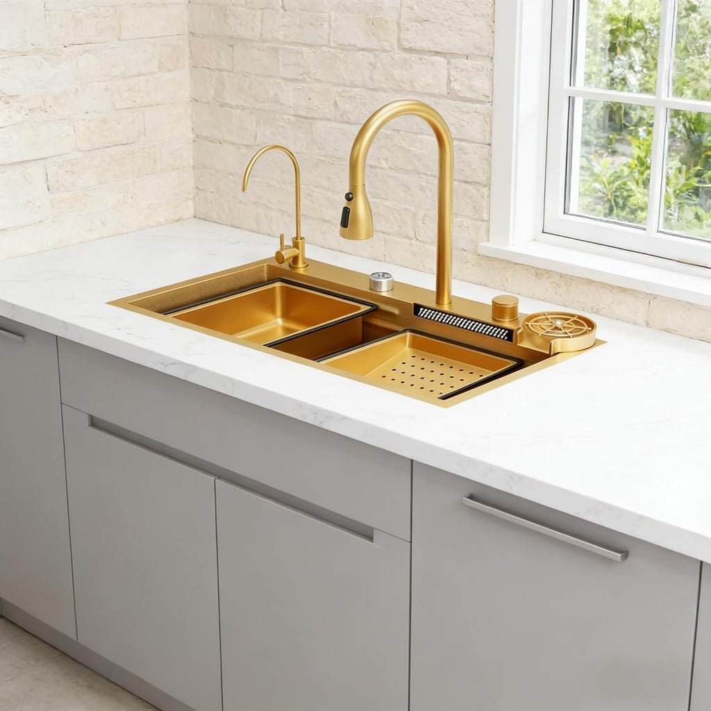 Gold Nano Stainless Steel Kitchen Sink - Single Bowl Workstation with Integrated Waterfall Pull-Out Faucet & Complete Accessory Set (29.5 X 17.7 Inch)