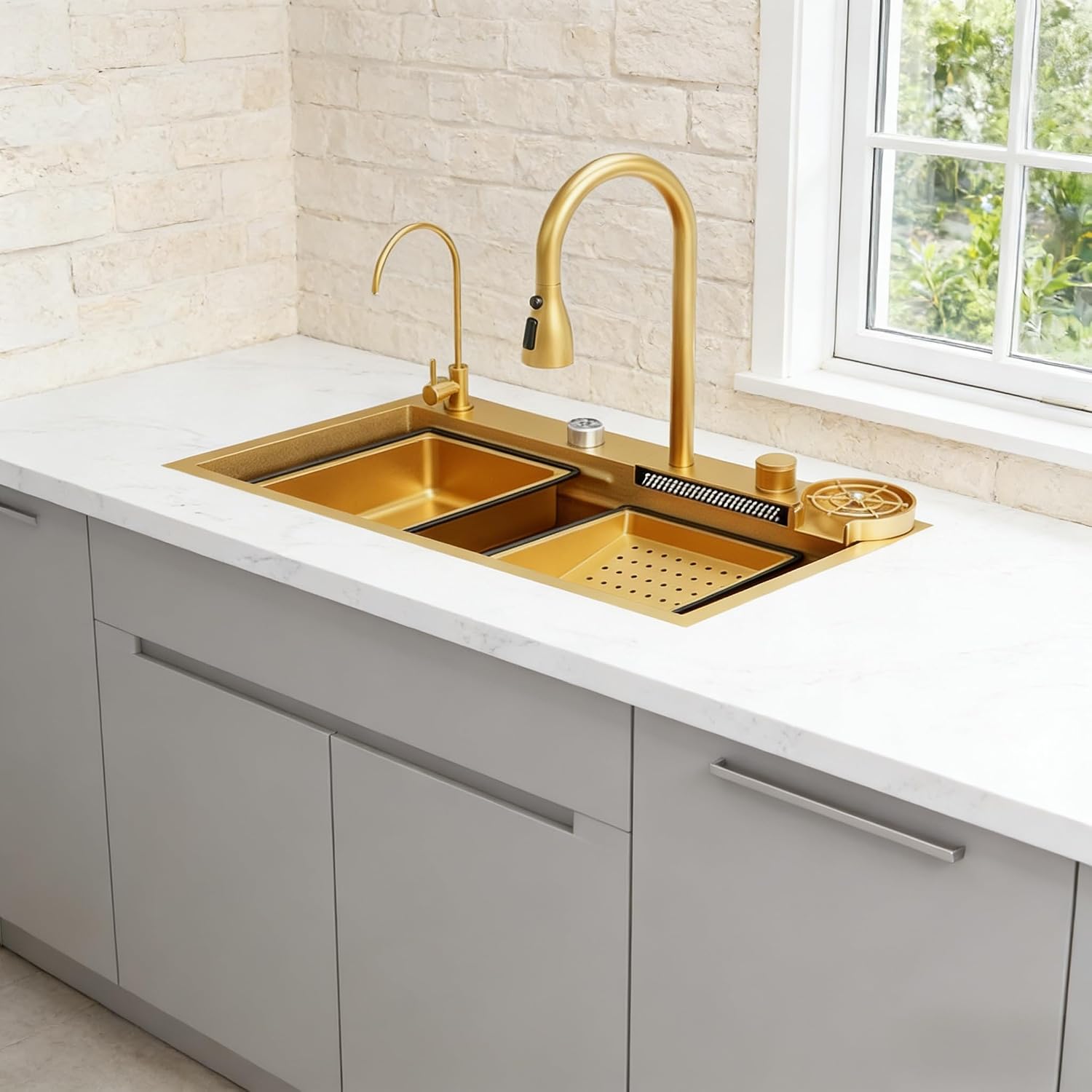 Gold Nano Stainless Steel Kitchen Sink - Single Bowl Workstation with Integrated Waterfall Pull-Out Faucet & Complete Accessory Set (31.5 X 17.7 Inch)