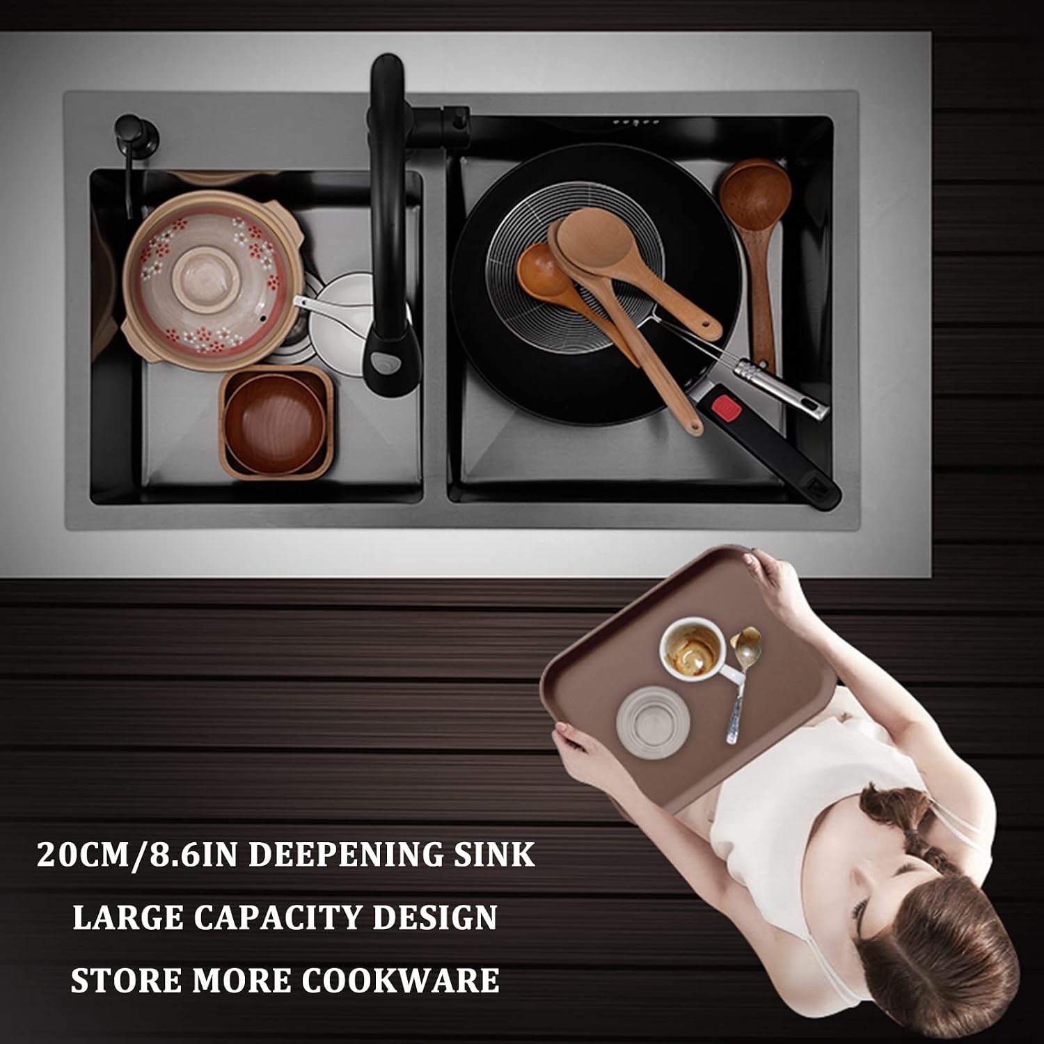 Black Double Bowl Kitchen Bar Sink 304 Stainless Steel Square Bar & Prep Sink RV Sink with Downpipe and Drain Top Mount Or Undermount (Color : Black, Size : 75x42x22cm)