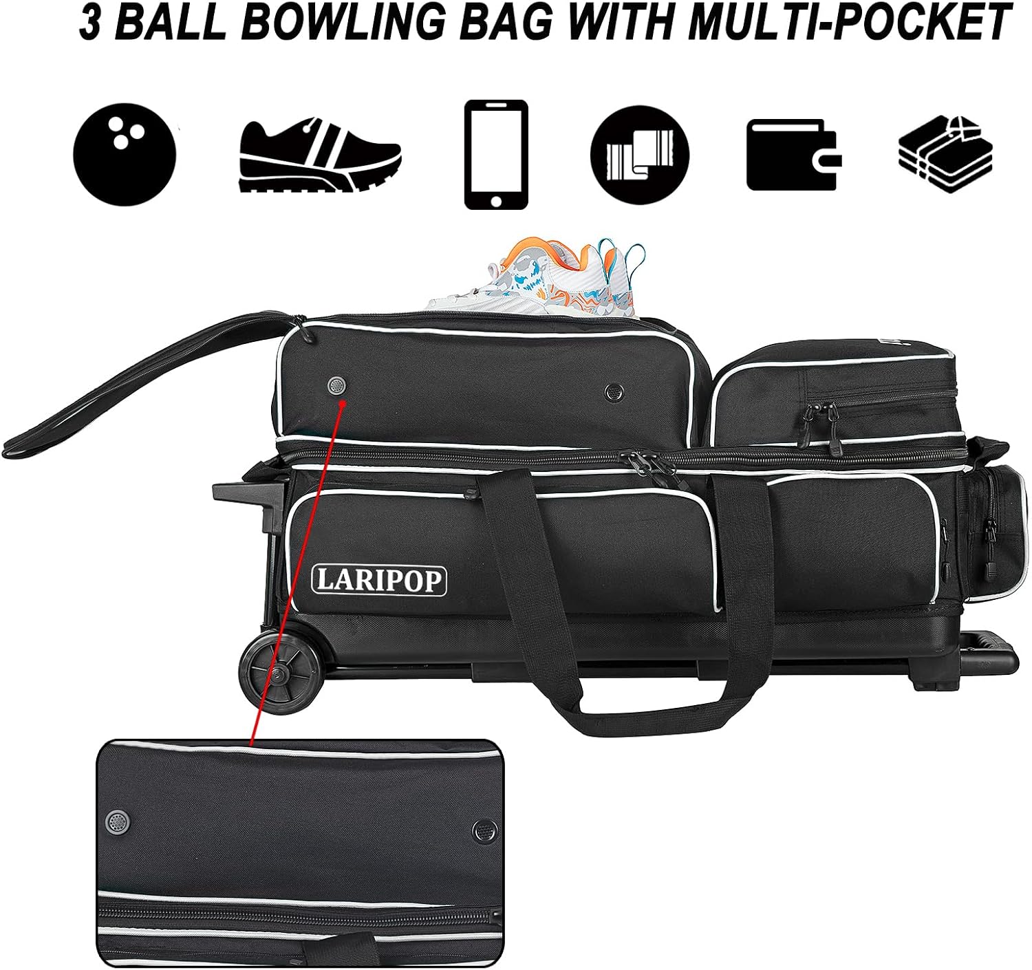 LARIPOP 3 Ball Bowling Bag with Wheels and Shoe Compartment, Rolling Bowling Bag for 3 Balls, Heavy Duty Bowling Roller Bag with Retractable Handle for Men Women