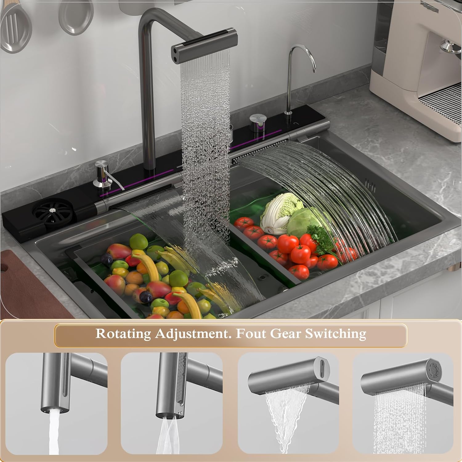 Double Waterfall Kitchen Sink 33 x 22 in 9 Gauge Stainless Steel Smart Digital Display Modern Single Bowl Workstation Sink with Soap Dispenser