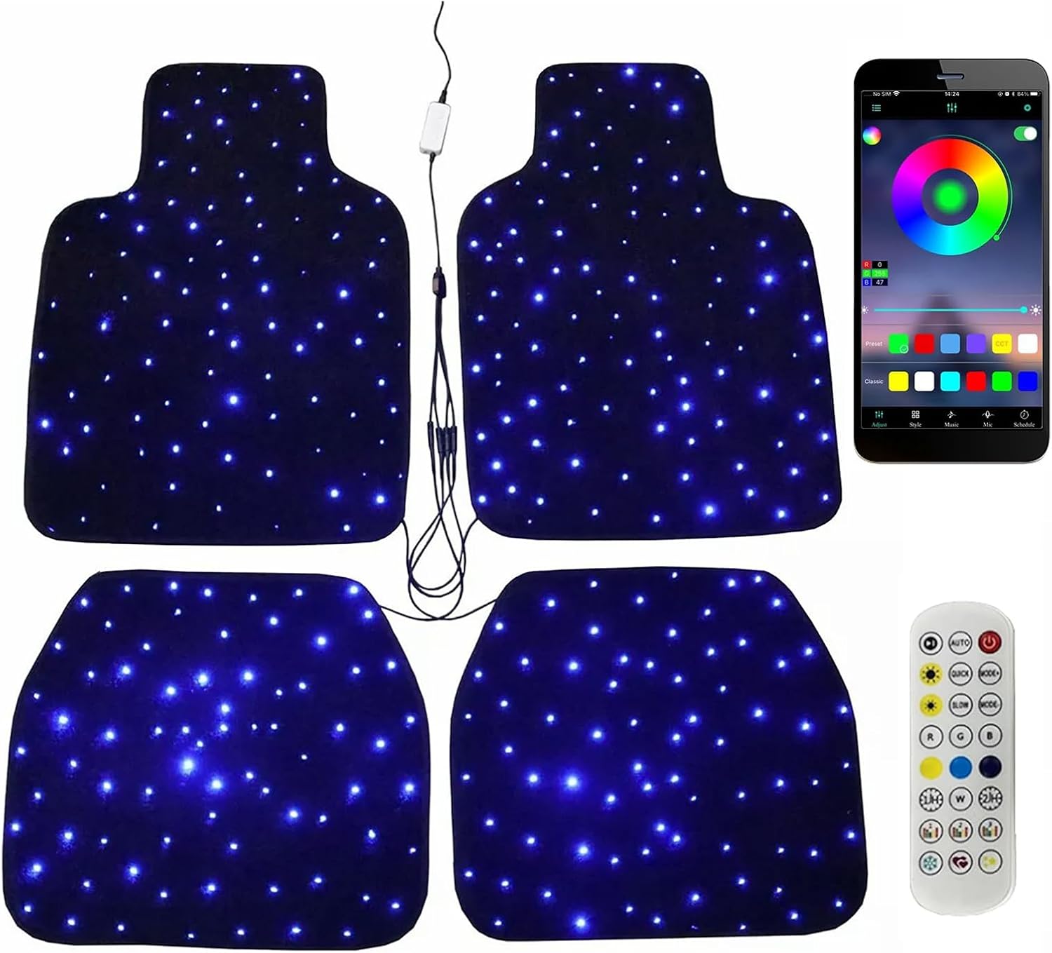 Starlight LED Car Floor Mats, 4pcs Shiny Starry Sky Star Light Floor Mats, App Control Washable Fiber Optic Lights Universal Automotive Decoration Atmosphere Light