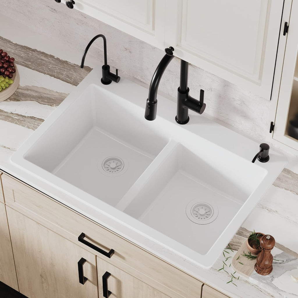Karran 33 Inch White Quartz Composite Double Bowl Kitchen Sink, Top Mount Drop-In 50/50 Low Divider, Heat & Impact Resistant Granite Quartz Sink with Sound Dampening, QT-810