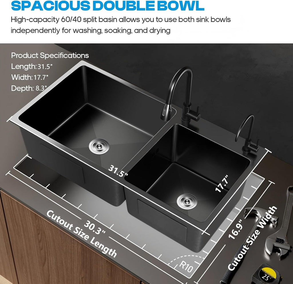 31' x 18' Black Double Bowl Kitchen Sink, Drop-in/Topmount Overmount Kitchen Sinks Basin with 304 Nano-Coated and Accessories