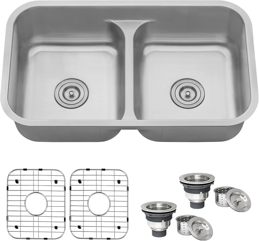 Ruvati 32-inch Undermount Kitchen Sink – 50/50 Double Bowl Kitchen Sinks, 16 Gauge T-304 Stainless Steel Kitchen sink with Brushed Finish hides scratches – RVM4350