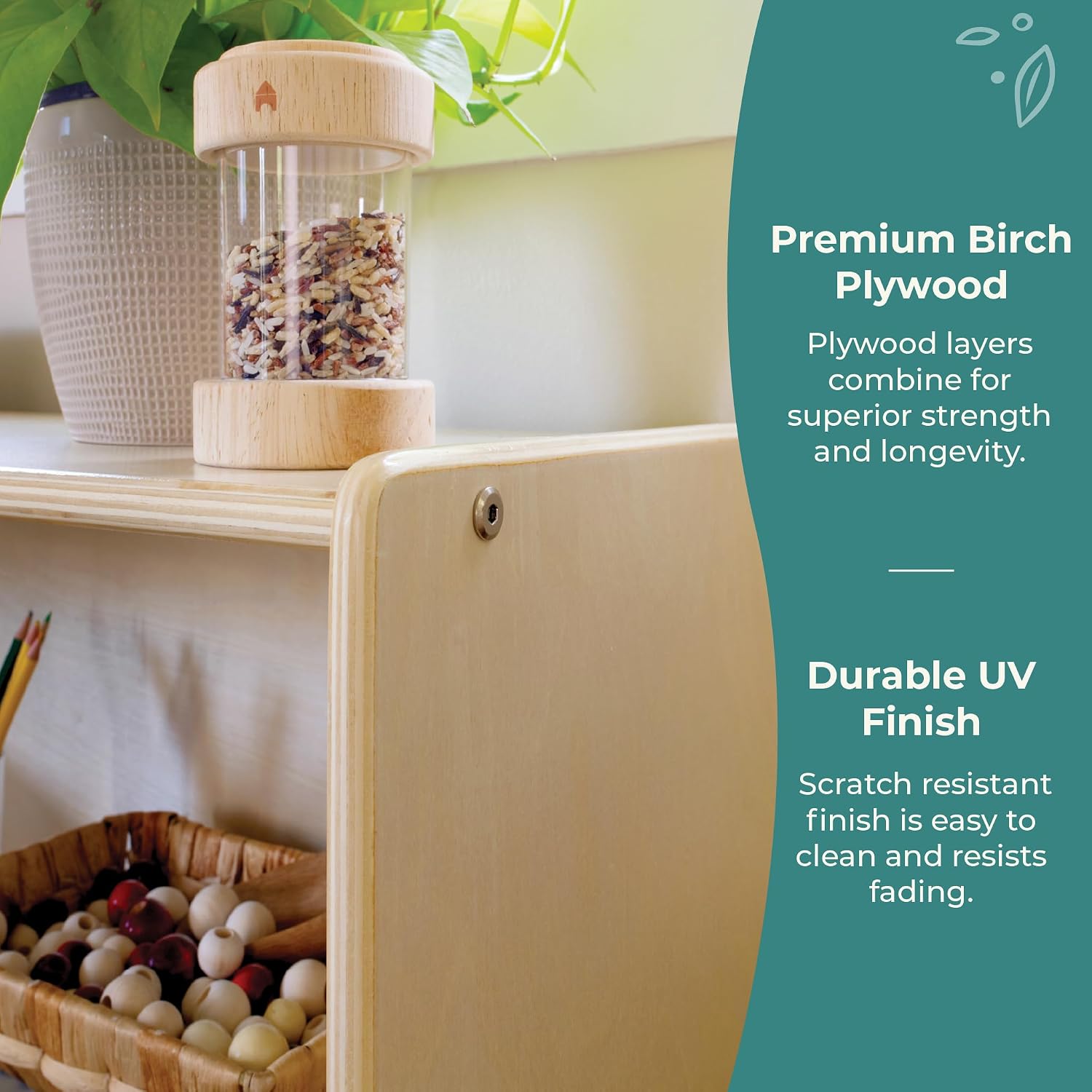 Guidecraft EdQ Three Shelf Compartment Storage Natural with 3 Fabric Bins: Wood Bookshelf and Toy Organizer for Kids, Storage Unit for Homeschool and Classroom
