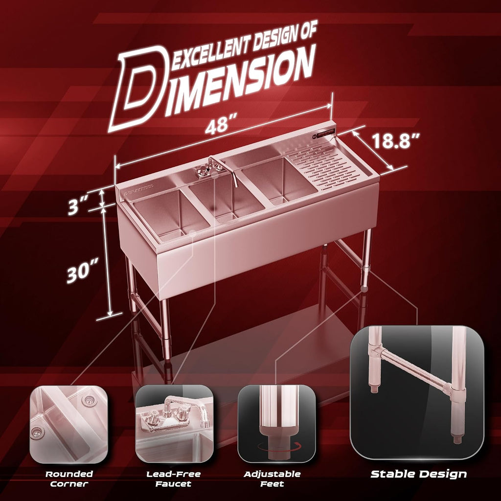DuraSteel 3 Compartment Under Bar Sink - CEC & NSF 304 Stainless Steel 3 Bay Utility Sink with No Lead Faucet - 48' L x 19' W x 33' H - Right Drainboard Commercial Restaurant Grade