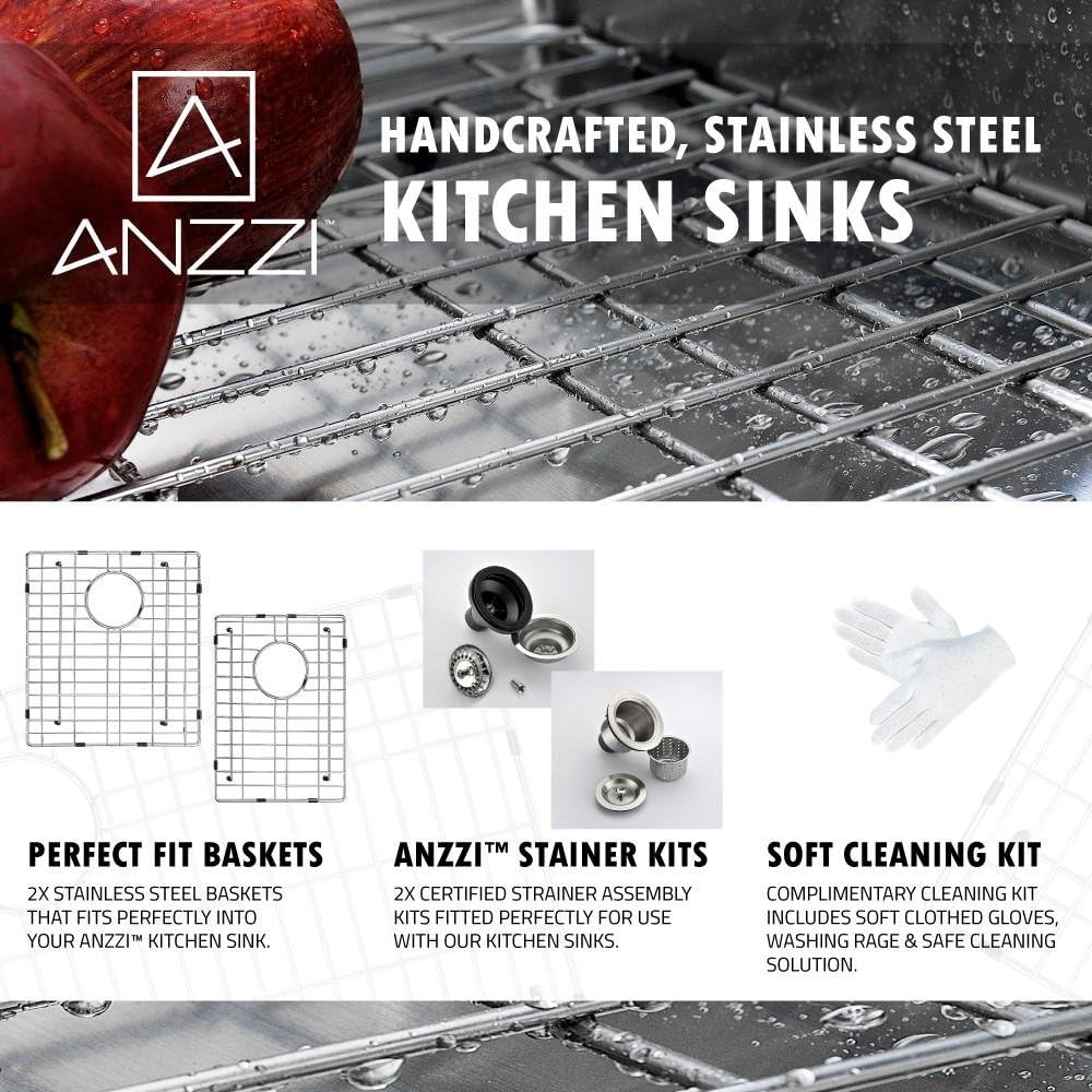 ANZZI Elysian 33' Farmhouse Stainless Steel 60/40 Double Bowl Kitchen Sink in Brushed Satin with Strainer, 18 Gauge Large Dual Deep Soak Basin Commercial Utility Prep Work Station, K-AZ3320-4A