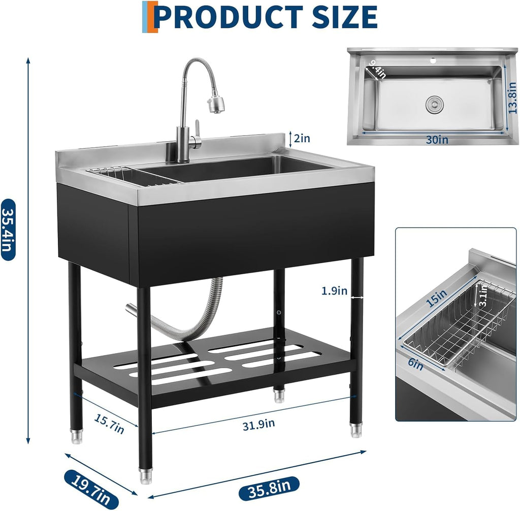Garvee 36' Black Stainless Steel Utility Sink with Faucet, Adjustable Height Freestanding Commercial Sink with Hot & Cold Water, Shelf, Basket & Drain Kit for Kitchen, Garage, Laundry, or Outdoor Use