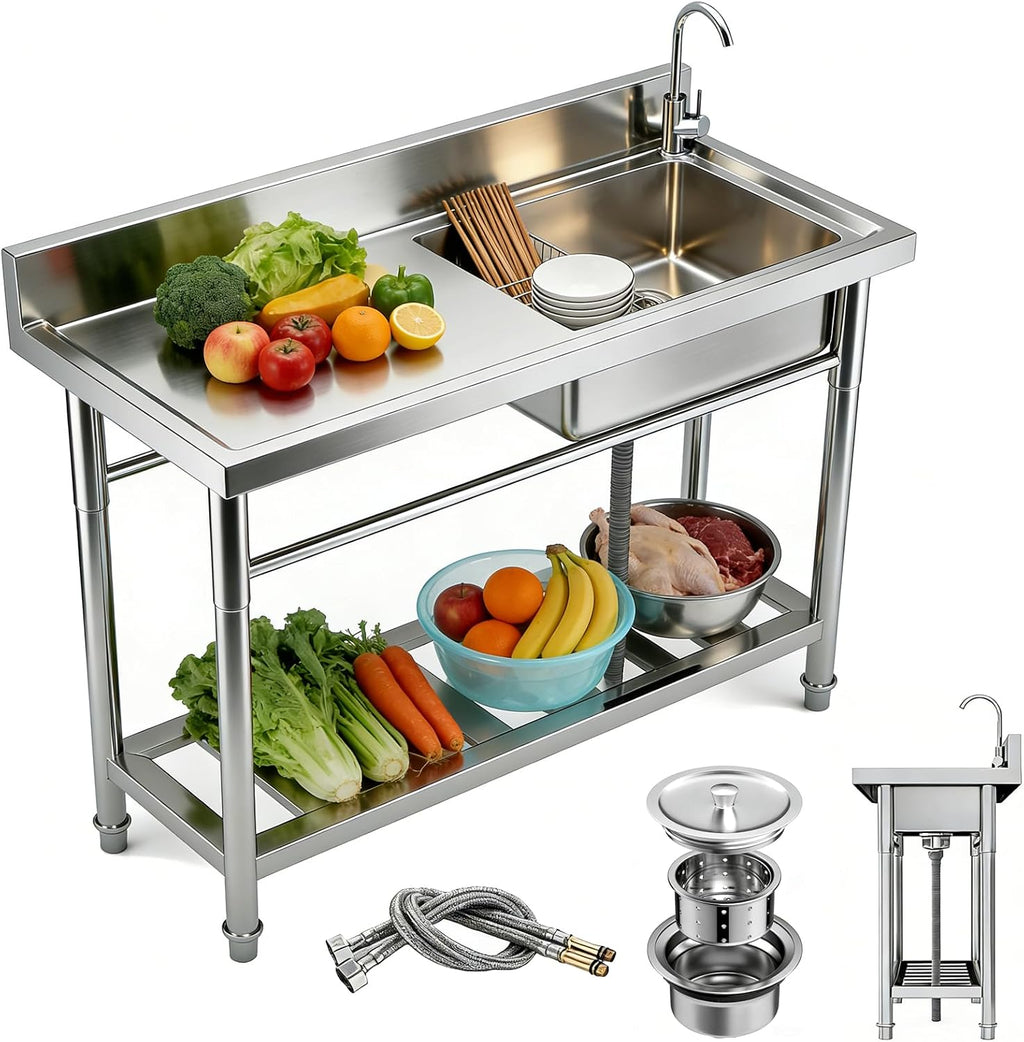 Stainless Steel Utility Sink, 47.3'x18.5'x37'Free Standing Single Bowl Commercial Kitchen Sink with Faucet, NSF - Basin Workbench with Hot & Cold Water Pipe for Garage Restaurant Laundry