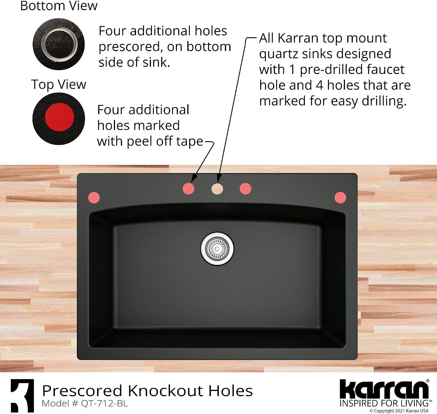 Karran QT-712 33 Inch Drop-In Quartz Composite Single Bowl Kitchen Sink, Top Mount, 1-Hole, Heat & Scratch Resistant, Easy Clean, Brown