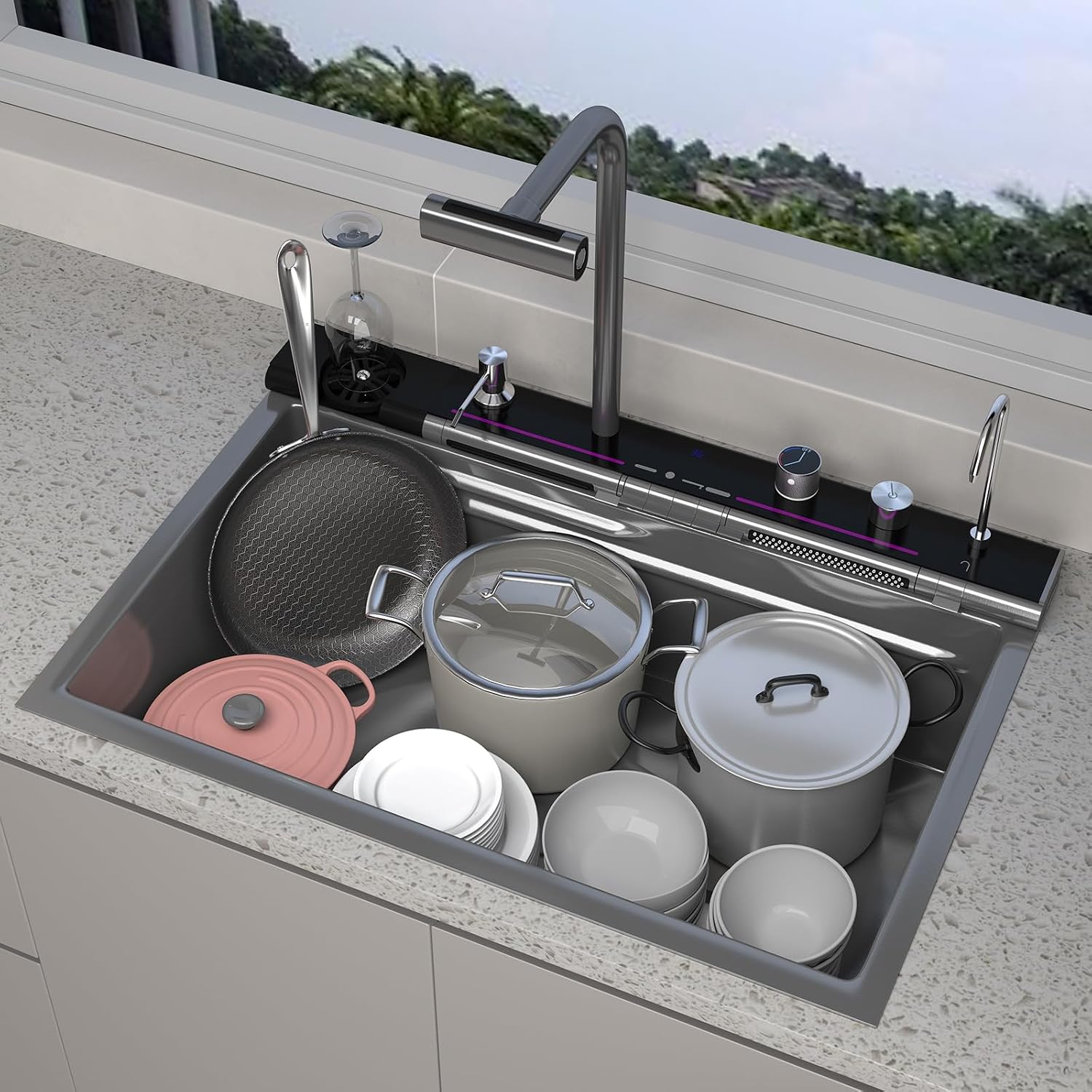Double Waterfall Kitchen Sink 33 x 22 in 9 Gauge Stainless Steel Smart Digital Display Modern Single Bowl Workstation Sink with Soap Dispenser