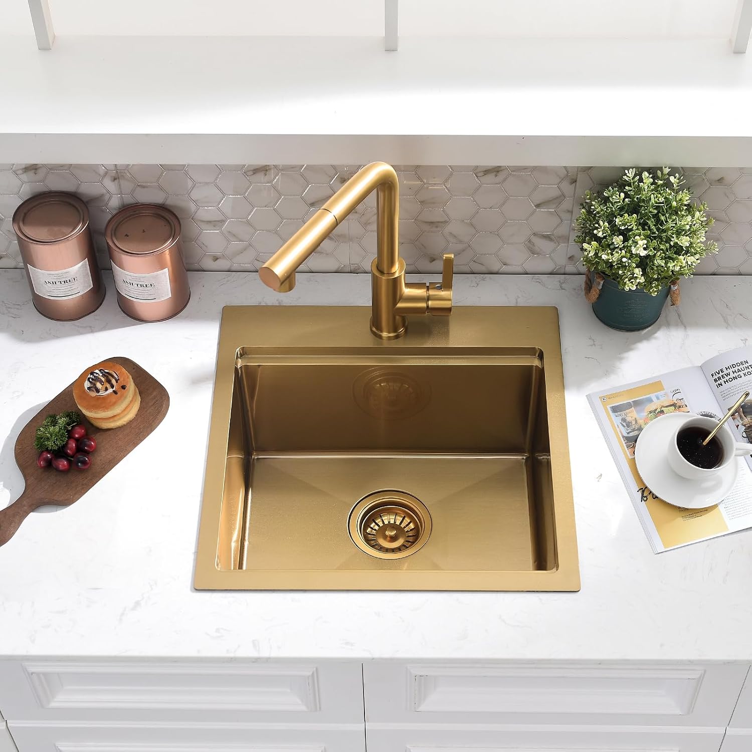21x20 Inch Drop In Bar Sink - 16 Gauge Gold Stainless Steel Small Kitchen Sink, 10' Deep Single Bowl Workstation Sinks with Accessories for RV, Outdoor Kitchen & Wet Bar