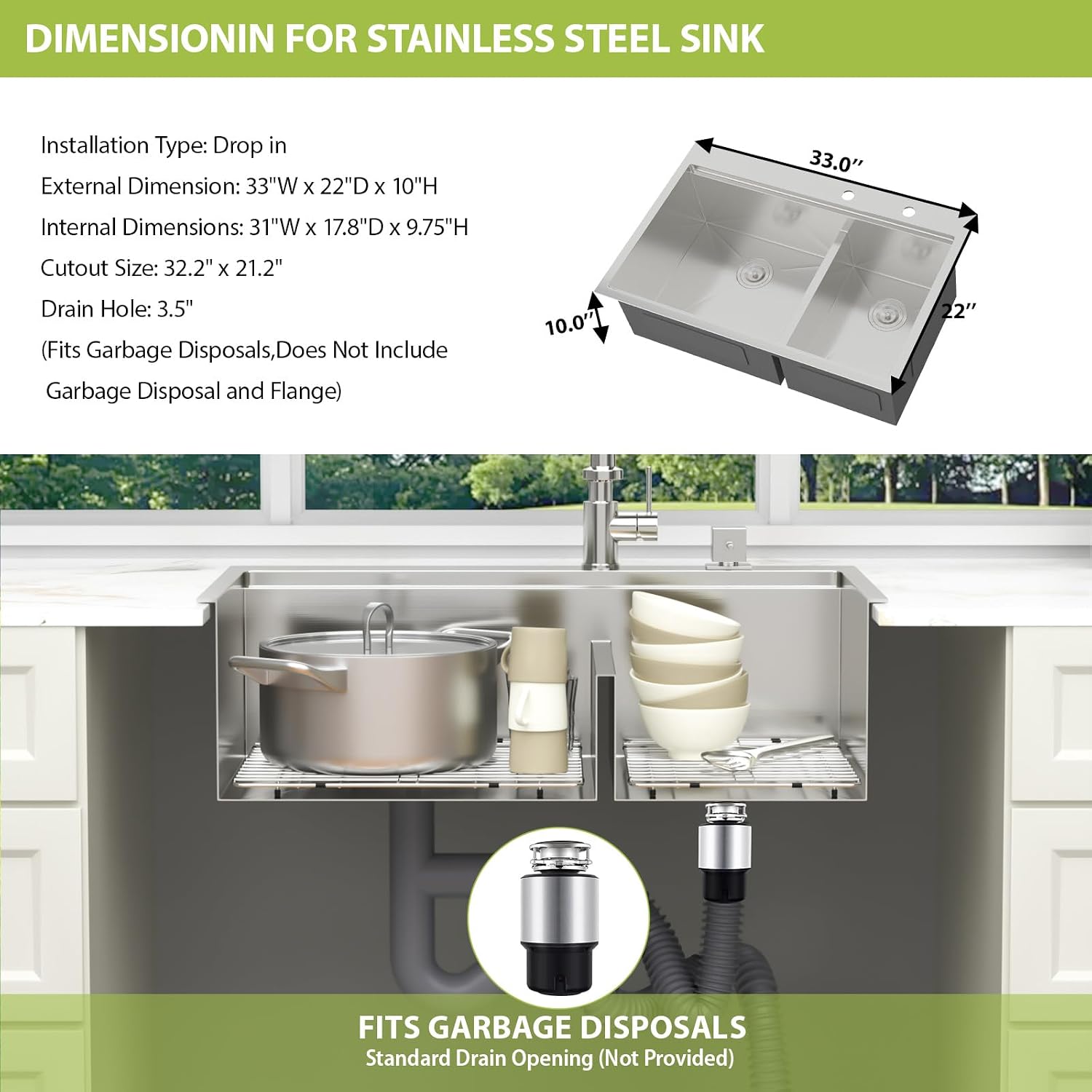 Drop In Kitchen Sink 33 Inch Workstation Double Bowl 60/40 Kitchen Sink With Lower Divider Large 304 Stainless Steel 16 Gauge Above Counter Topmount 33x22x10 Kitchen Sinks