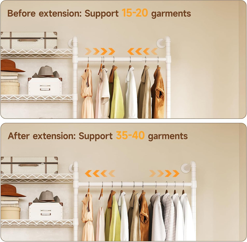 ONBRILL L3 Wall Mounted Industrial Pipe Closet System, Corner Closet Organizers with 4 Telescopic Rods & 6 Shelves, Heavy Duty Clothing Clothes Rack in Wardrobe Closet (White)