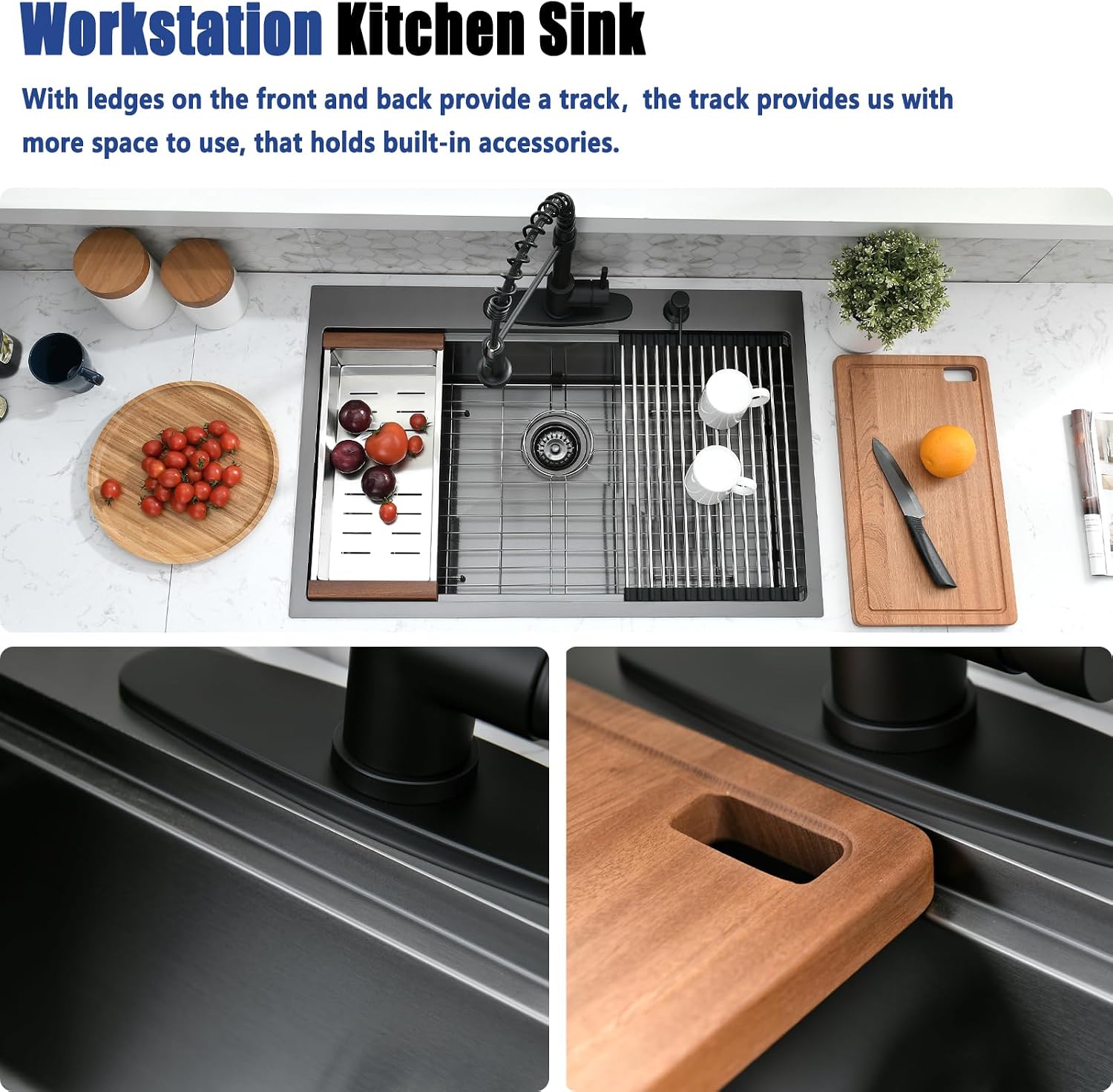 33x19 Black Drop In Kitchen Sink with Faucet - 33 Inch Drop In Kitchen Sink Workstation, 10 Inch Deep Black Stainless Steel Single Bowl Sinks with Accessories