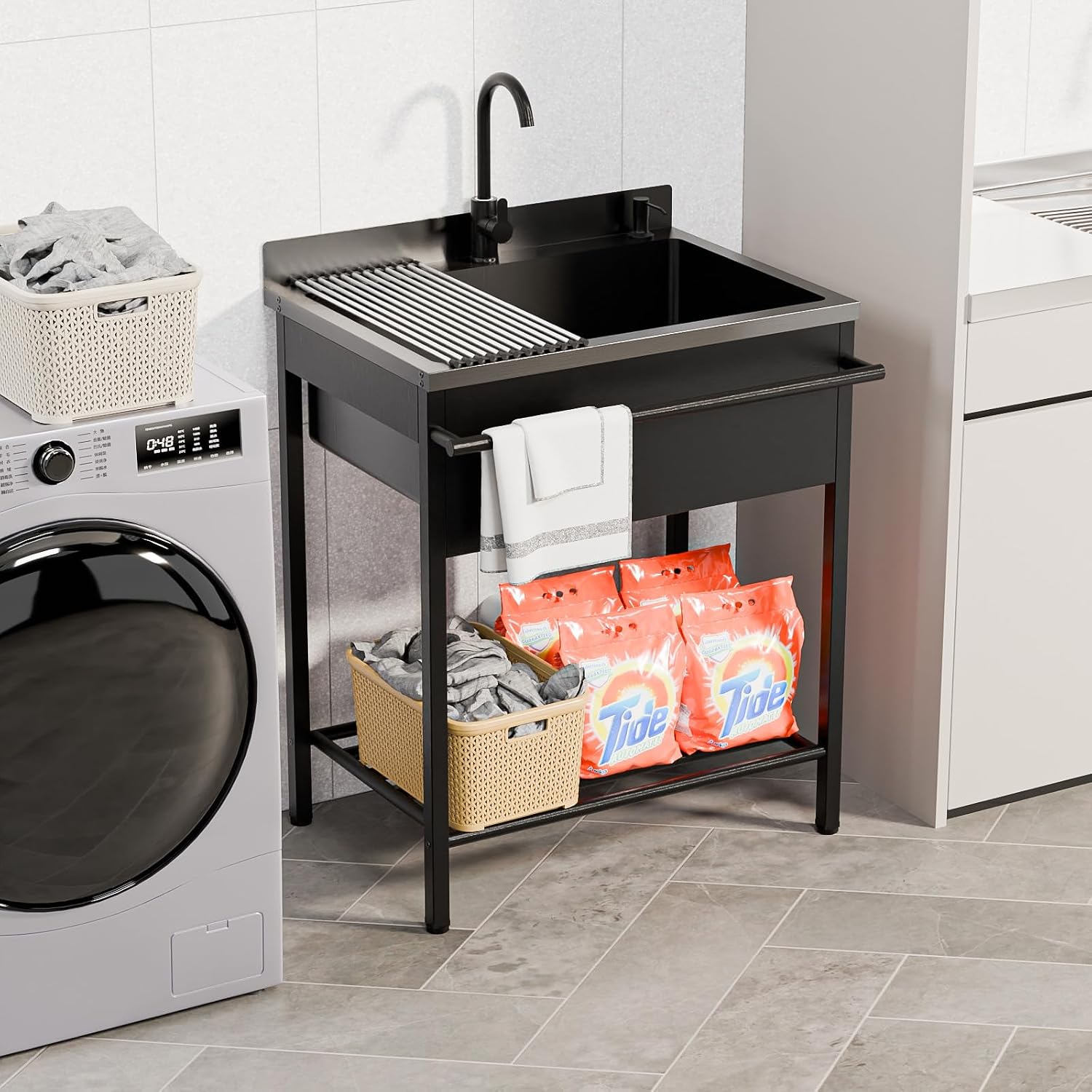 ROVSUN Stainless Steel Utility Sink, Free Standing with Faucet & Draining Rack for Laundry Room, Kitchen, Restaurant, Garage, Outdoor Garden, Backyard, Industrial 22'D x 30.71'W x 40.35'H Black